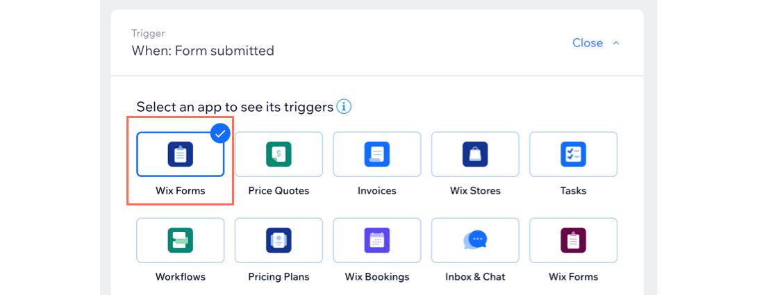 A screenshot of selecting Wix Forms as the trigger for an automation.