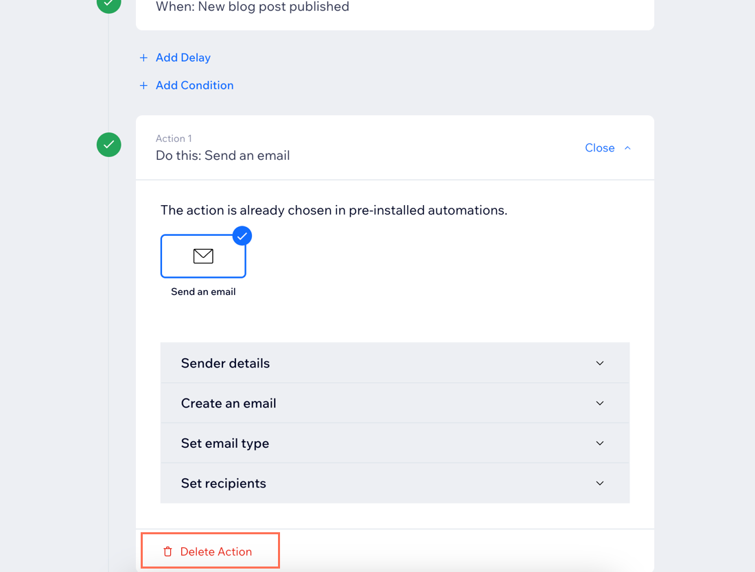 A screenshot of the Delete Action button for an automation action.