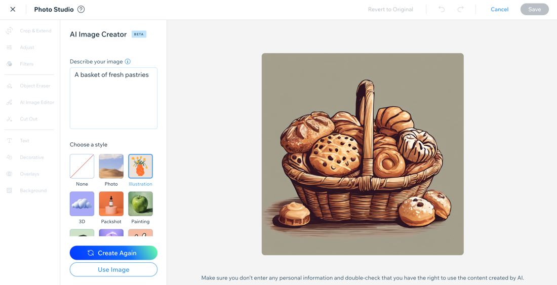 A screenshot of a generated illustration image of a basket of fresh pastries using the AI Image Creator.