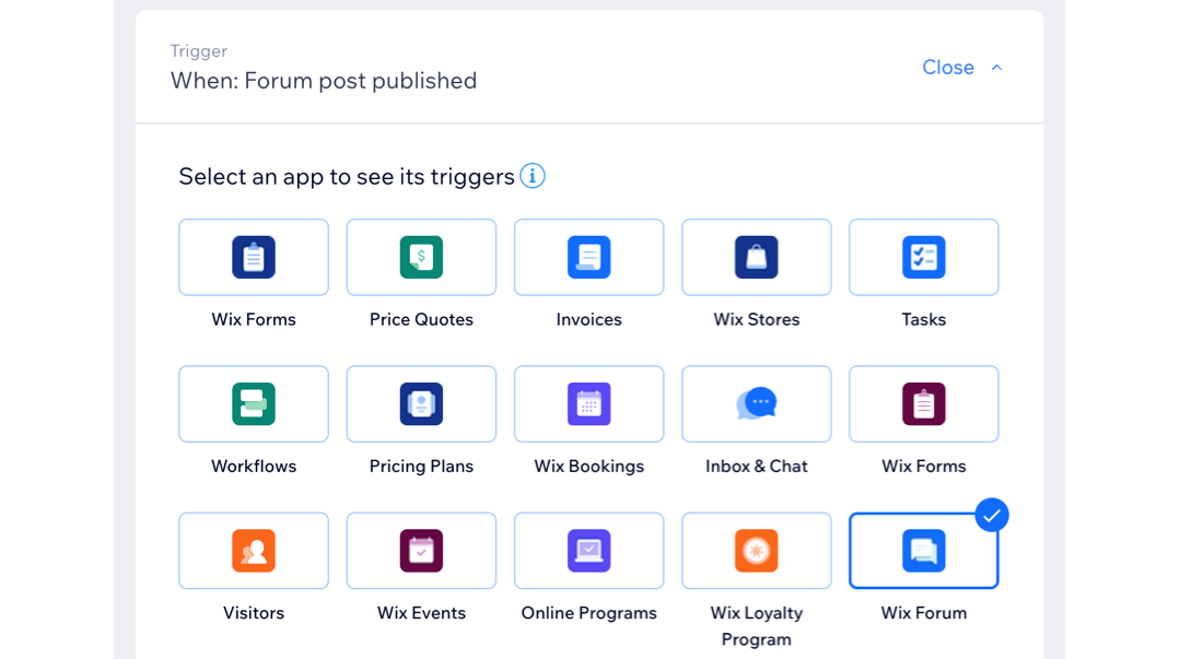 Selecting the Wix Forum trigger when creating a new automation