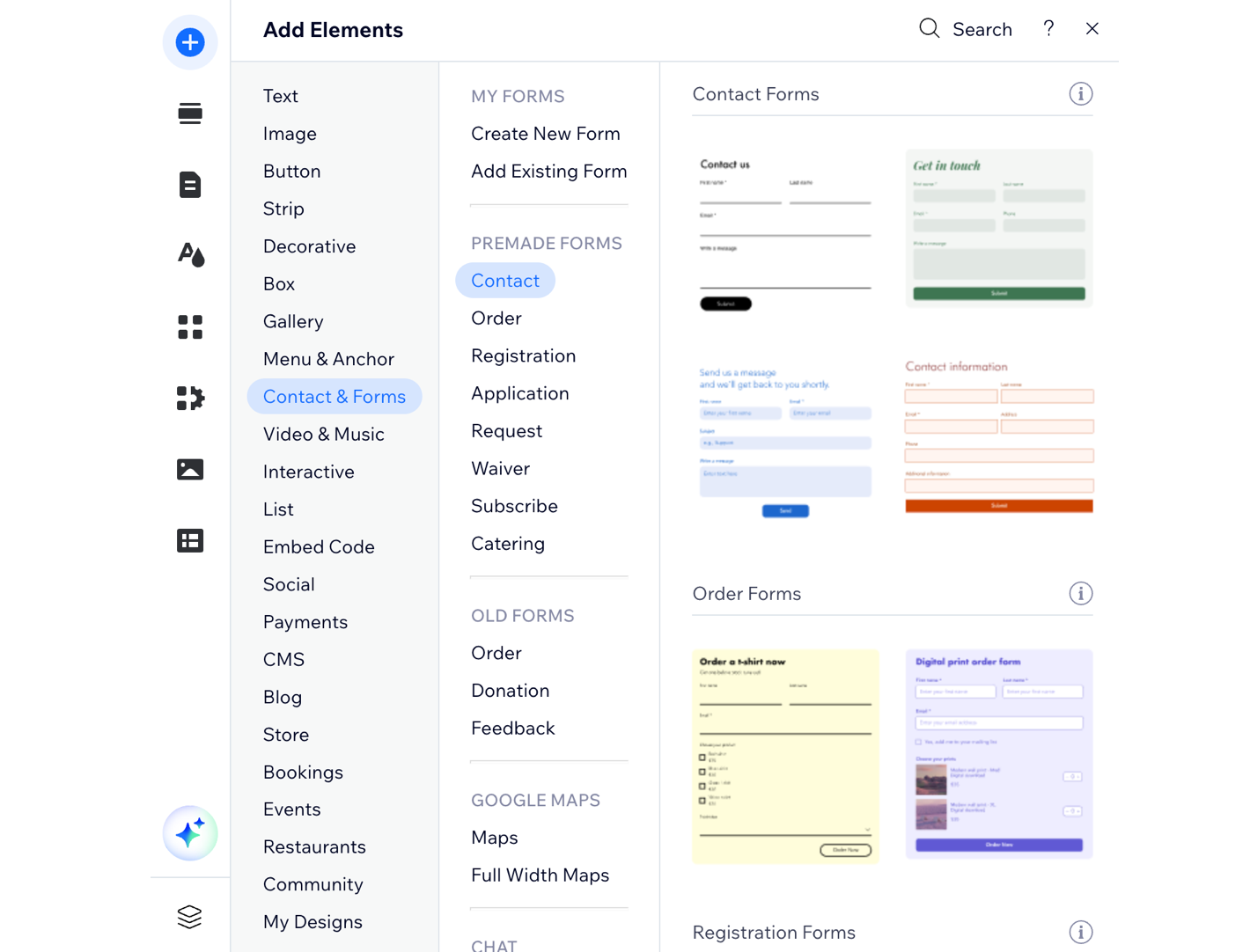 A screenshot of the premade form options in the editor.