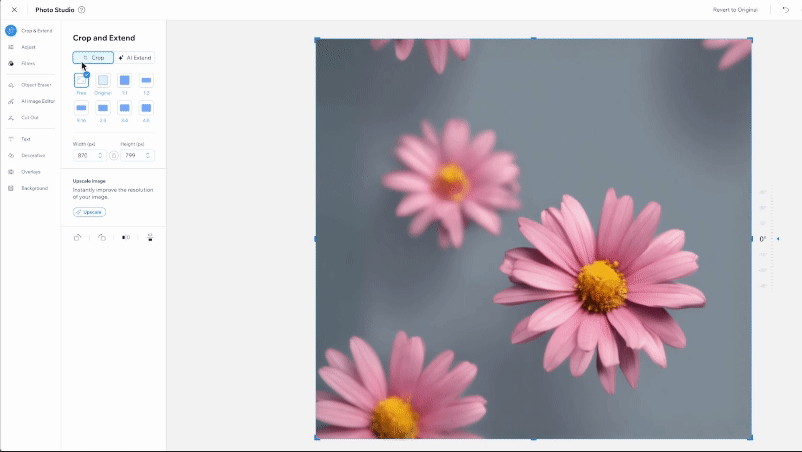 フォトスタジオでクロップと AI 画像拡張を使用している様子を示した GIF。