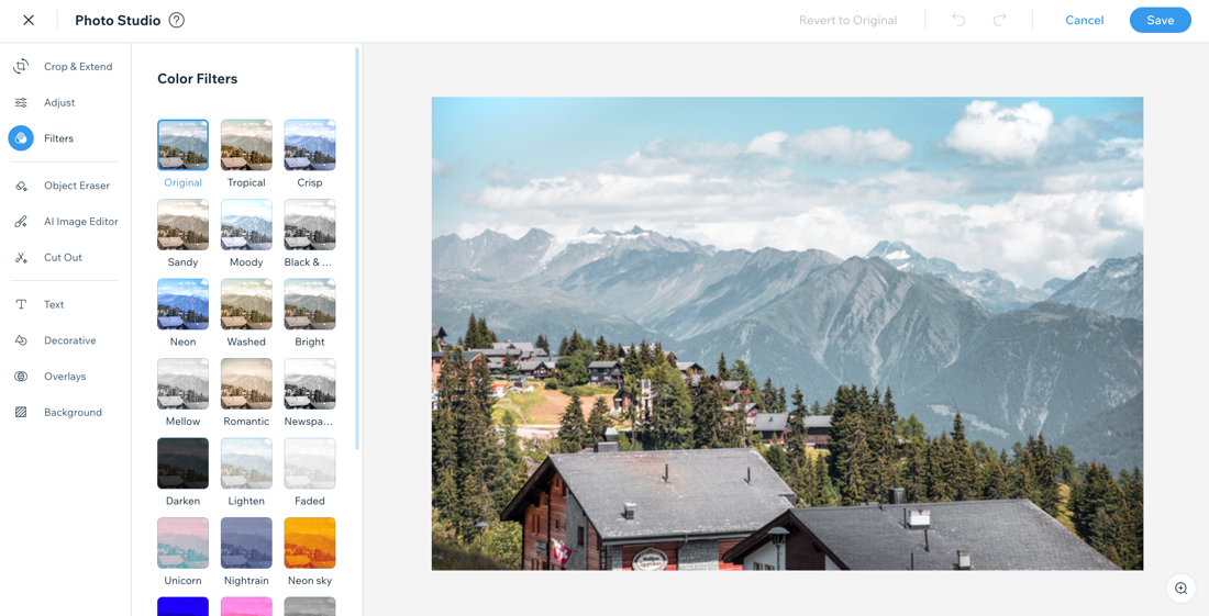 A screenshot of the Wix Photo Studio, editing an image of mountains