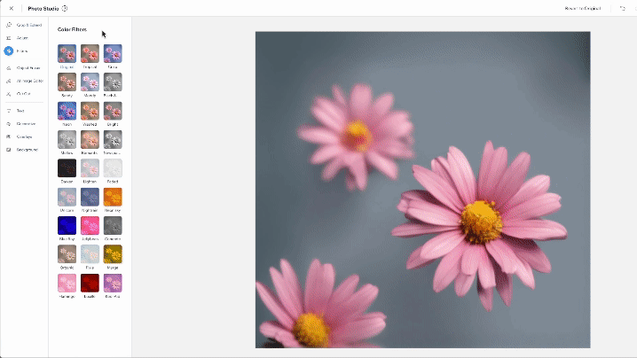 A GIF of choosing a filter in the Photo Studio.