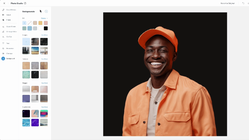 Wix フォトスタジオで画像の背景を変更している GIF。