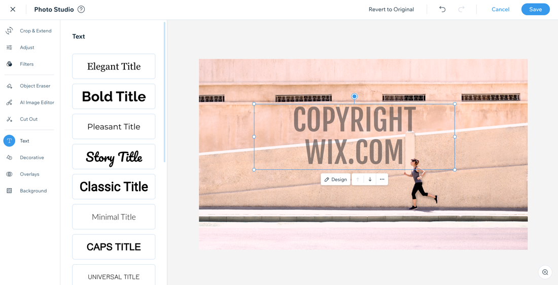 A screenshot of adding a text watermark to an image of a woman running in the Wix Photo Studio.