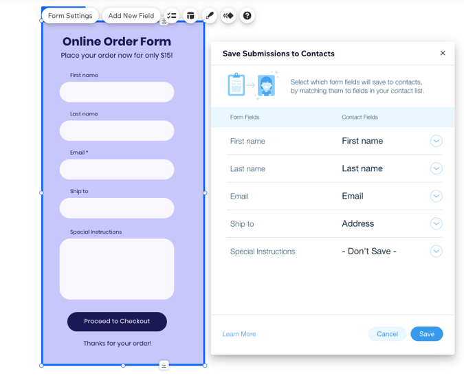 A screenshot of matching form fields to contacts for an old Wix form.