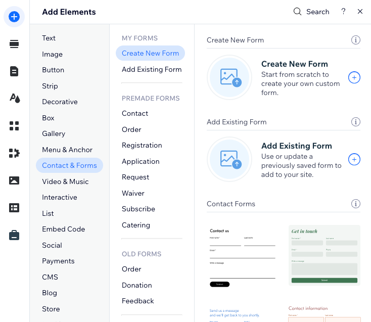 Wix Editor'da yeni Wix Forms uygulamasının nasıl ekleneceğini gösteren bir ekran görüntüsü.