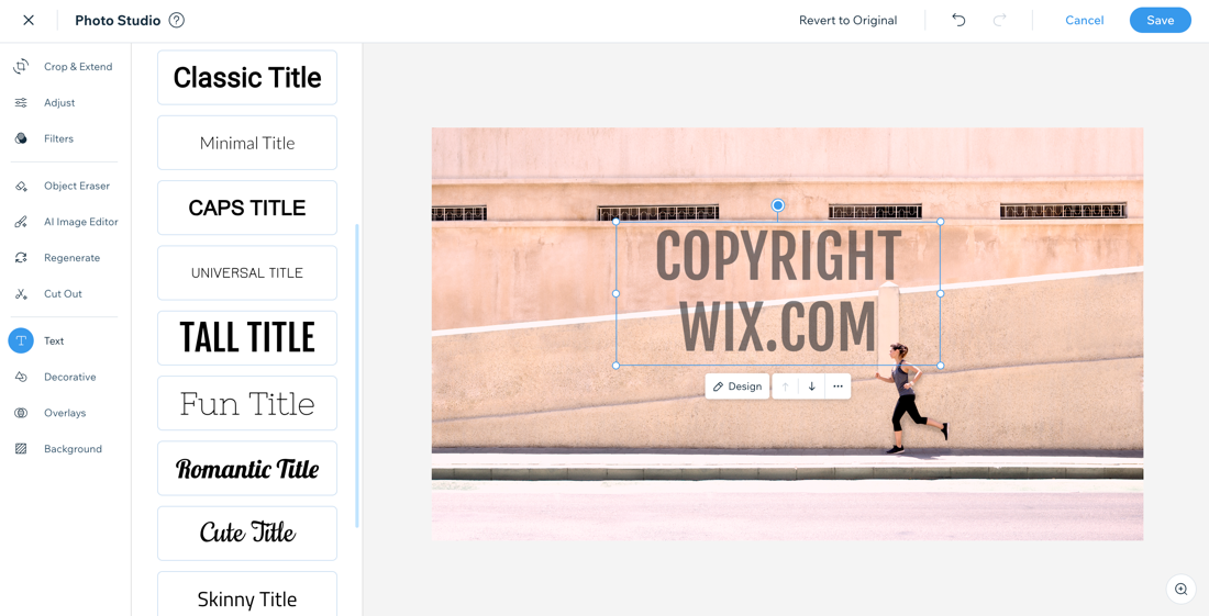 A screenshot of adding a text watermark to an image of a woman running in the Wix Photo Studio.