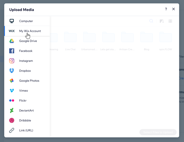 A screenshot of selecting My Wix Account for the options to upload media in the Media Manager.