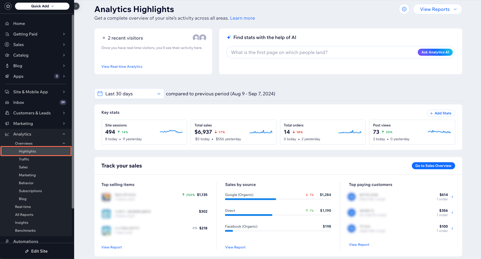 A screenshot of the Analytics Highlights page on Wix