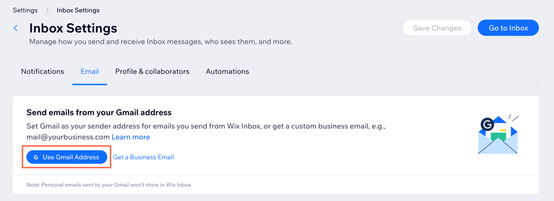 A screenshot of the use Gmail Address button highlighted in the Inbox Settings.
