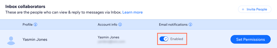 A screenshot of a site collaborator with Wix Inbox permissions.