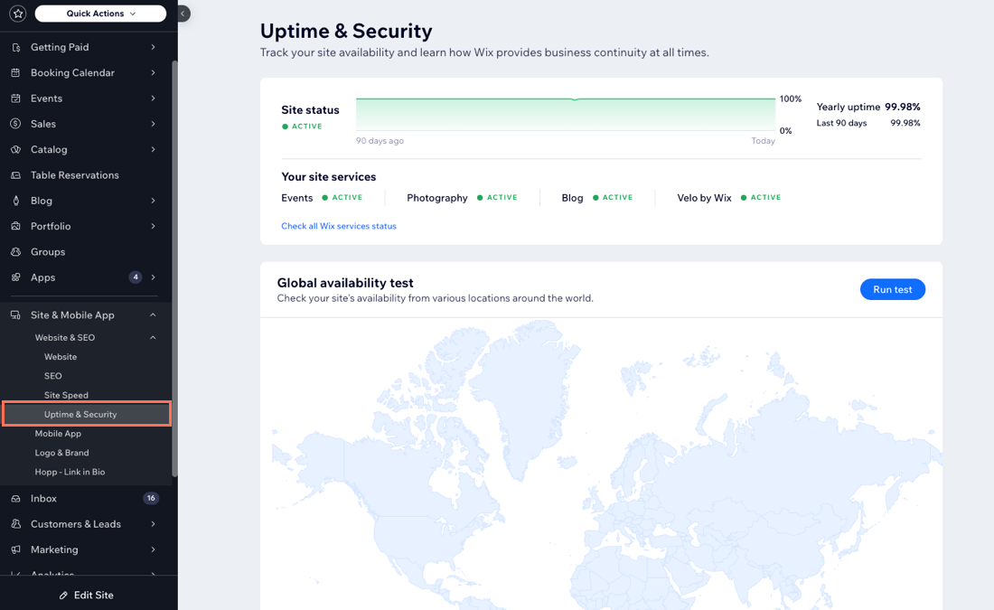 A screenshot of the Uptime & Security page with the page highlighted on the left-hand side on the site dashboard.