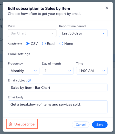 A screenshot of the Unsubscribe option for a report in the site dashboard.