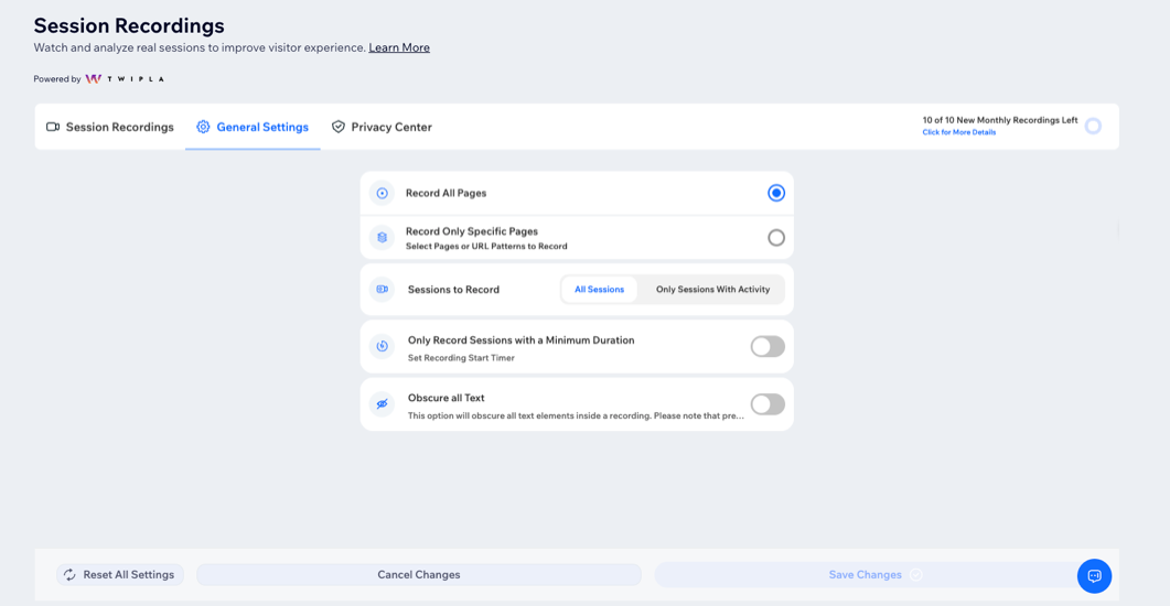 A screenshot of the session recordings general settings page in the dashboard.