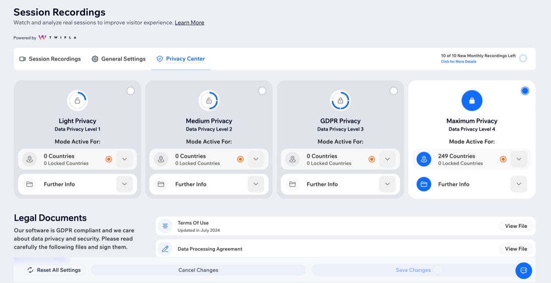 A screenshot of the Session Recordings privacy settings page in the dashboard.