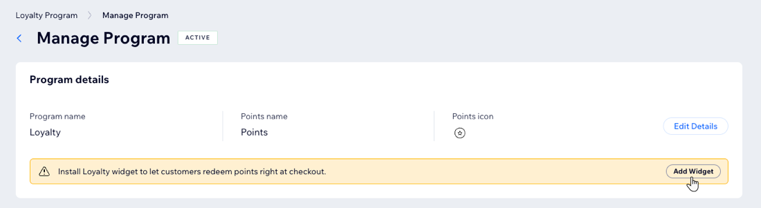 Capture d'écran du clic sur le bouton Ajouter un widget pour ajouter un widget de fidélité à un site.