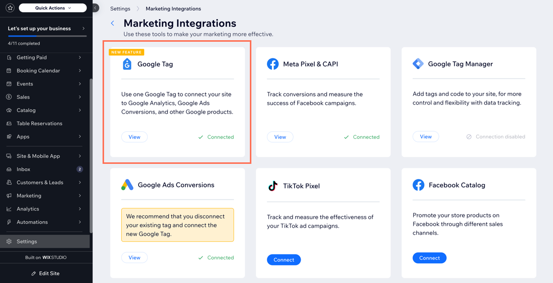 The new look of the Marketing Integrations page, showing the new single Google tool.