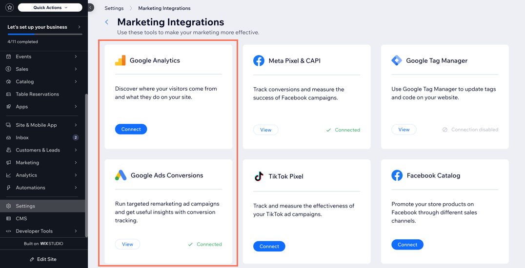 The old look of the Marketing Integrations page, showing the 2 separate google tools