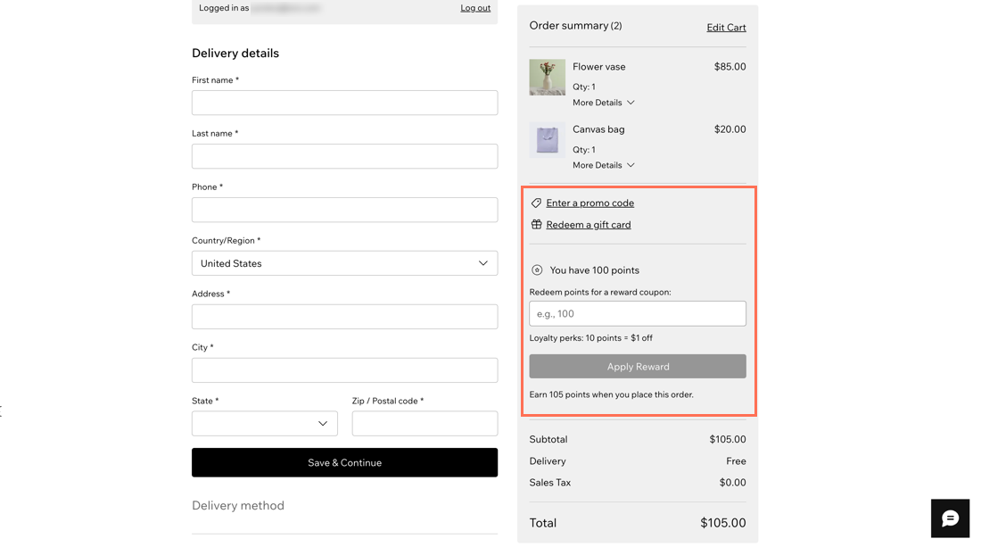 Capture d'écran du widget Récompense de fidélité sur la page de paiement d'un site.