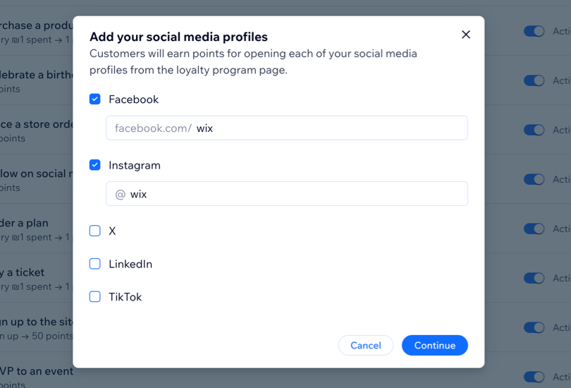 A screenshot of adding social media profile links in the loyalty program page dashboard.