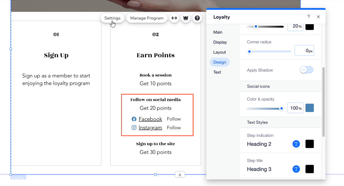 A screenshot of the social media section in the Loyalty Program page highlighted, with the Settings window open.