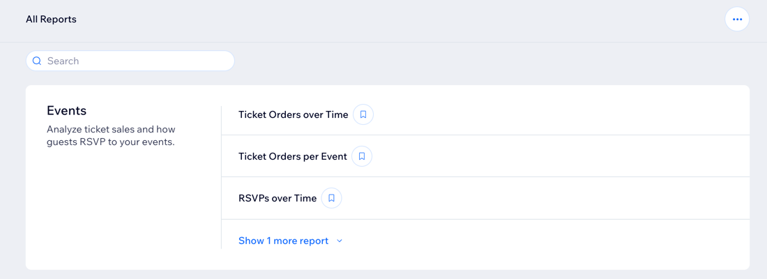 Screenshot dei Report di Wix Events nella pagina Tutti i report nel Pannello di controllo del sito