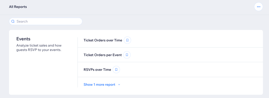 A screenshot of the Wix Events Reports in the All Reports page in a site dashboard.