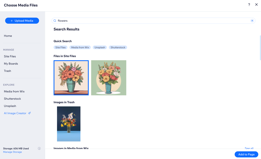 A screenshot of searching for flowers in the search bar in the Media Manager.