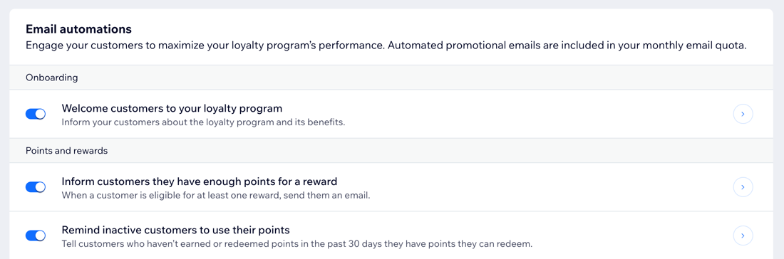 A screenshot of the email automations section in the Loyalty program dashboard.