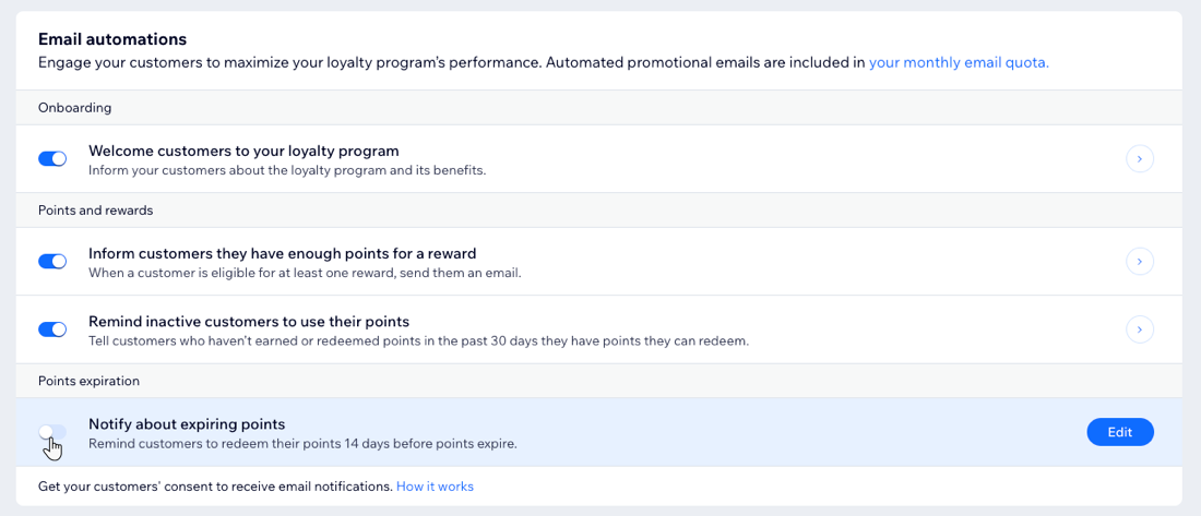 A screenshot of the Email automations section in the Loyalty Program page in the site dashboard.