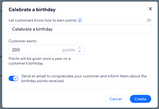 A screenshot of the settings for the celebrating a birthday way to earn in the loyalty program dashboard.