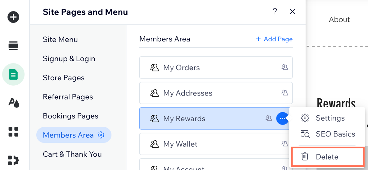 A screenshot of selecting the Delete option for the My Rewards page in the Wix Editor.