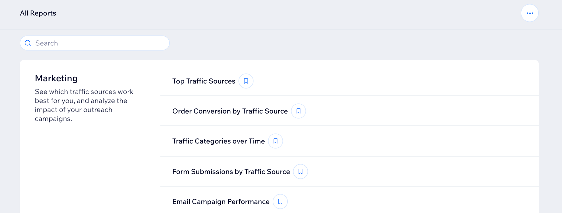 A screenshot of each of the marketing reports in the Wix Analytics reports dashboard.