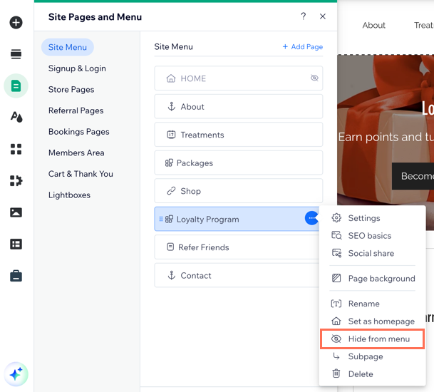 A screenshot of selecting the Hide from menu option for the Loyalty Program page in the Wix Editor.