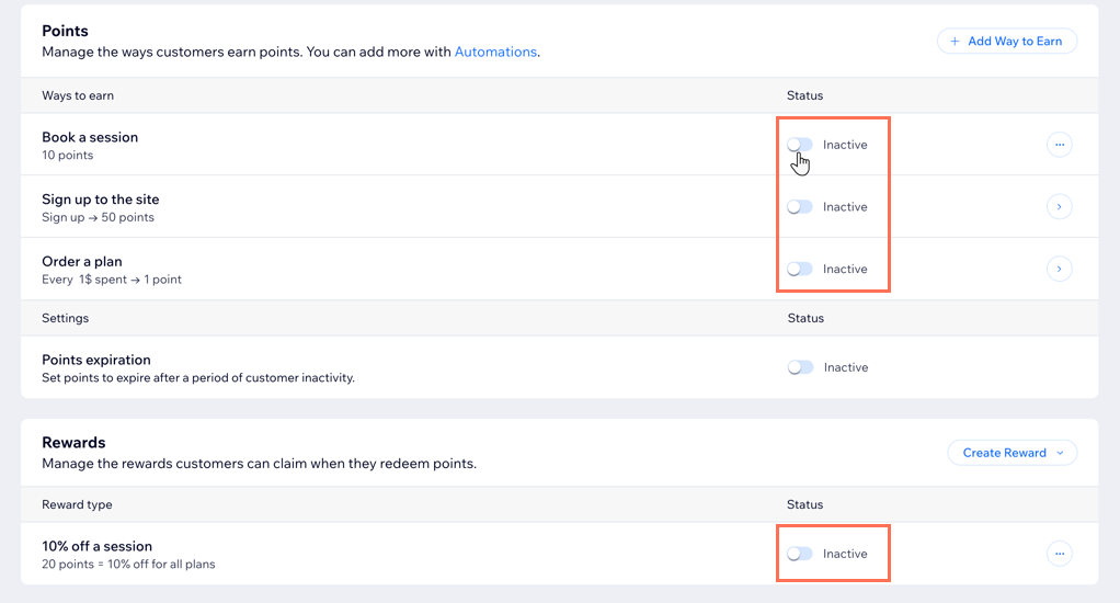 A screenshot of deactivating all toggles for ways to earn and rewards on the Loyalty program page in the site dashboard.