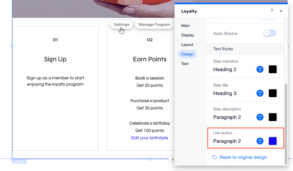 A screenshot of editing the link button in the loyalty program page in the Wix Editor.