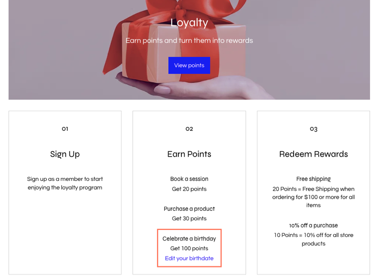 A screenshot of the loyalty program page with the celebrate a birthday way to earn highlighted.