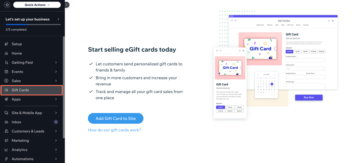 A screenshot of the Gift Cards page in a site's dashboard.