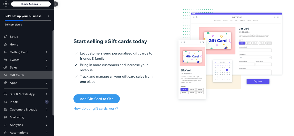 A screenshot of the Gift Card page in the site dashboard.