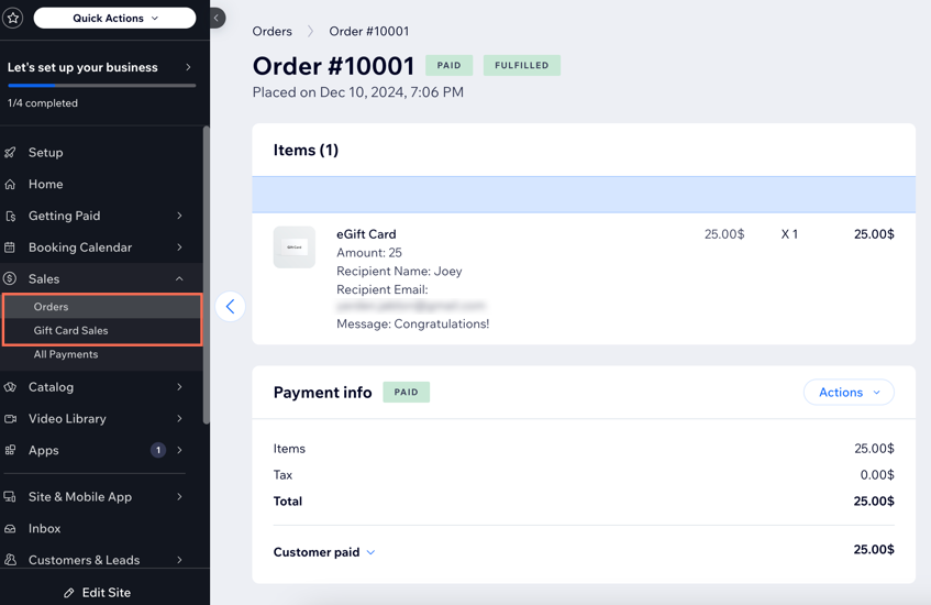 A screenshot of a fulfilled gift card order in the site's dashboard.