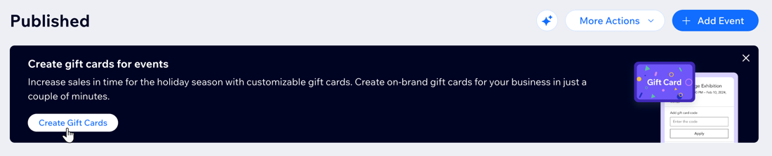 A screenshot of clicking the Create Gift Cards button in the Events dashboard page.