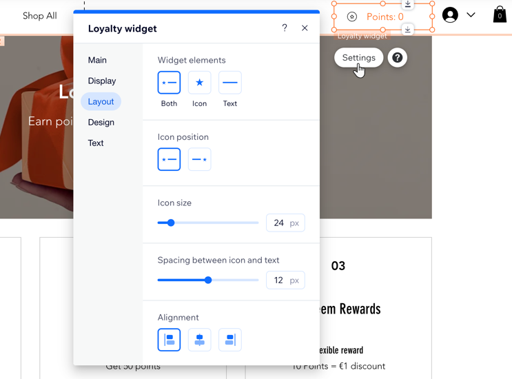 A screenshot of the loyalty widget customization options in the Wix Editor.