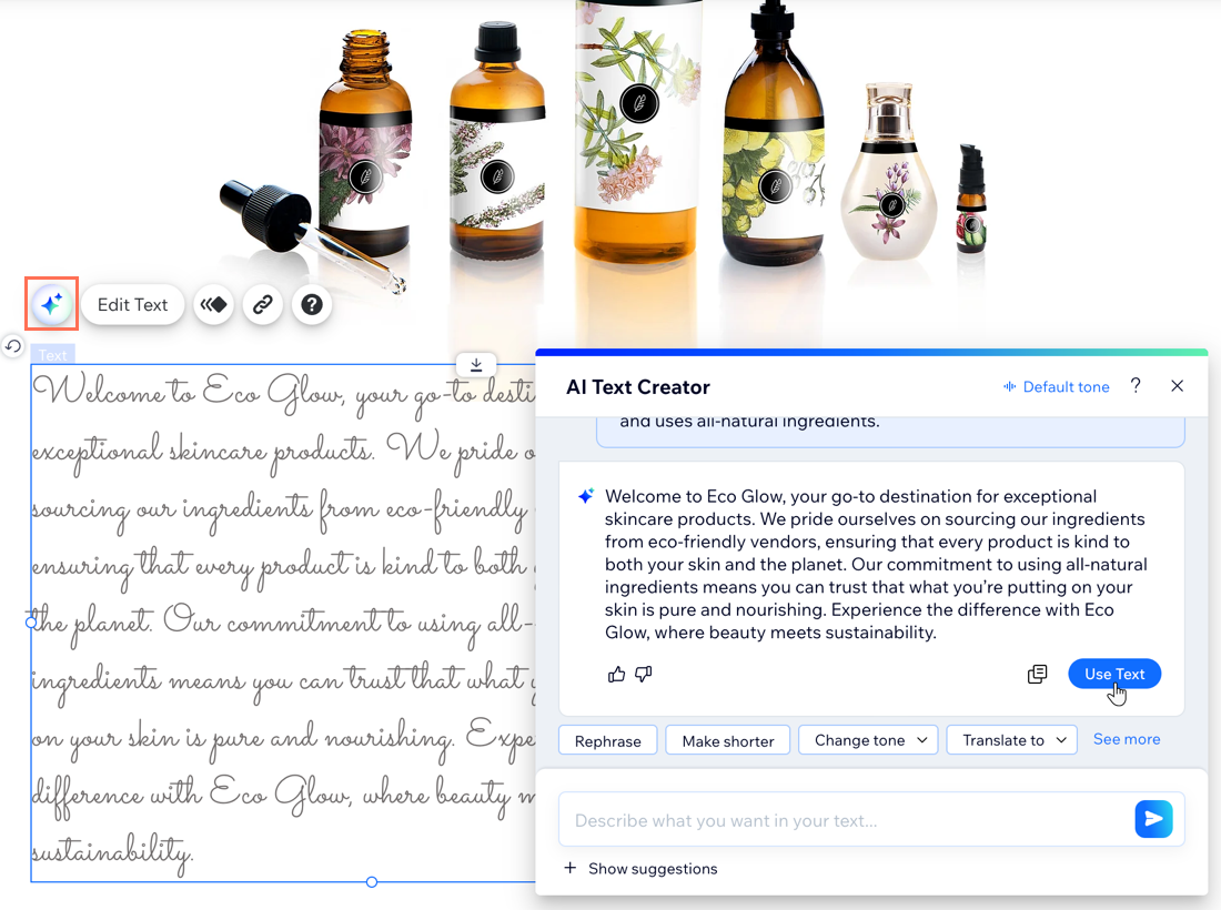 A screenshot of using the AI Text Creator in the Wix Editor.