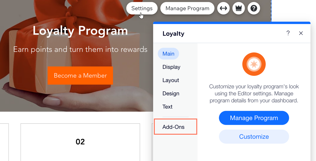 A screenshot of the Add-Ons tab in the loyalty page settings in the Wix Editor.