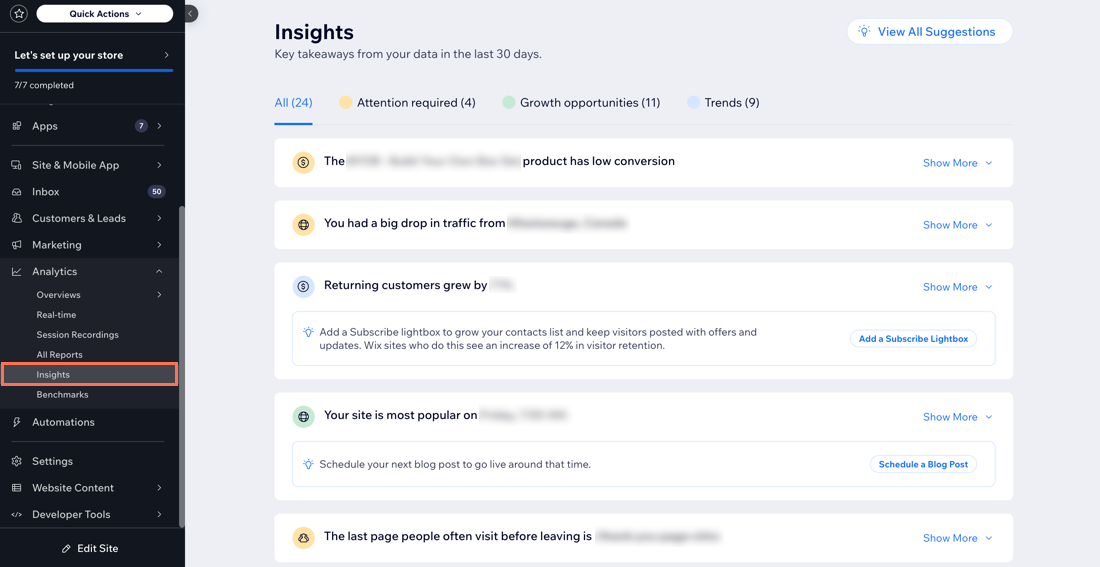 A screenshot of the Insights page under Wix Analytics.