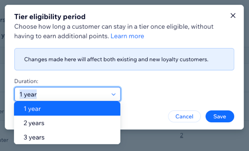 A screenshot of setting the tier eligibility period in the loyalty program dashboard.