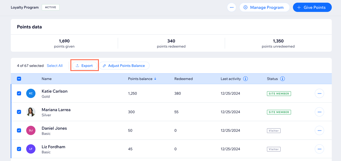 A screenshot of selecting customers and exporting their loyalty point totals.