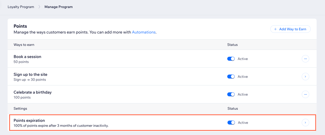 A screenshot of the points expiration option in the loyalty program dashboard.